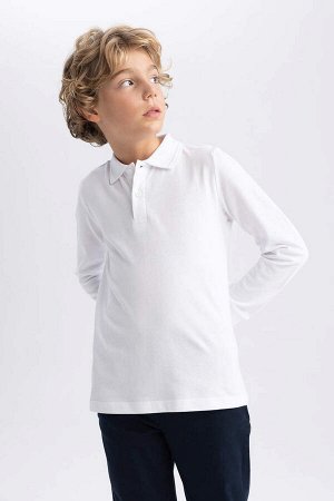 Белая школьная футболка-поло из пике с длинными рукавами для мальчика