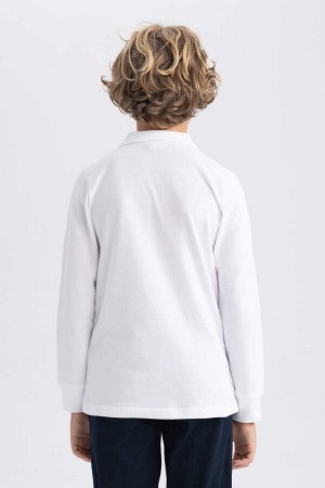 Белая школьная футболка-поло из пике с длинными рукавами для мальчика