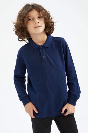Темно-синяя школьная футболка-поло с длинными рукавами для мальчика