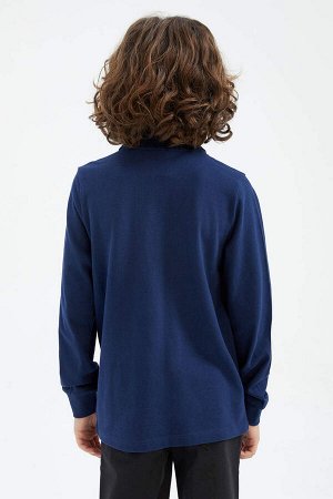 Темно-синяя школьная футболка-поло с длинными рукавами для мальчика