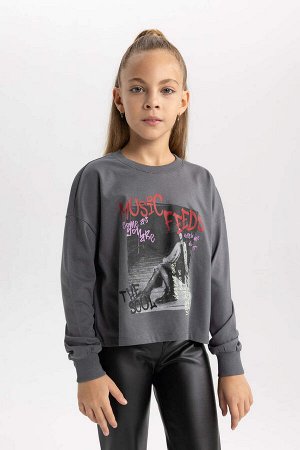 DEFACTO Укороченная футболка с круглым вырезом для девочек из чесаного хлопка с длинными рукавами