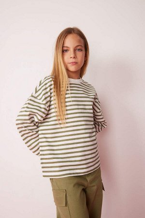 DEFACTO Полосатая футболка из чесаного хлопка для девочек с круглым вырезом и длинными рукавами