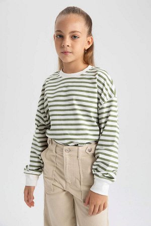DEFACTO Полосатая футболка из чесаного хлопка для девочек с круглым вырезом и длинными рукавами