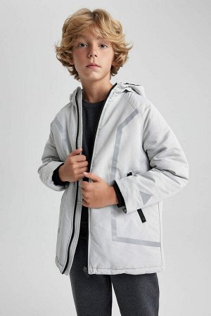 Водоотталкивающая куртка на флисовой подкладке с капюшоном и светоотражающим принтом для мальчиков, пальто