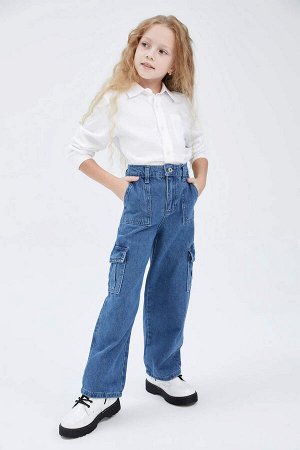 Широкие джинсовые брюки с карманами-карго для девочек