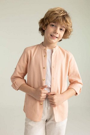 DEFACTO Льняная рубашка с длинным рукавом для мальчика с высоким воротником