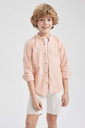 DEFACTO Льняная рубашка с длинным рукавом для мальчика с высоким воротником