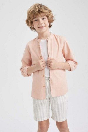Льняная рубашка с длинным рукавом для мальчика с высоким воротником