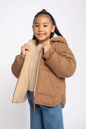 Стеганое пальто из искусственного меха с капюшоном для девочек