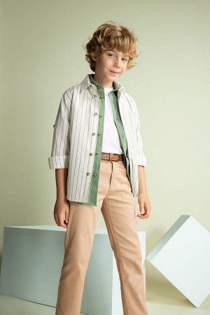 DEFACTO Полосатая льняная рубашка с длинным рукавом для мальчика