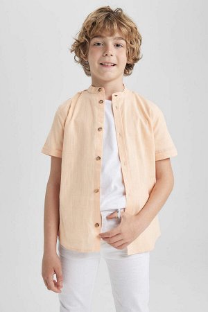 DEFACTO Льняная рубашка с коротким рукавом для мальчика с высоким воротником