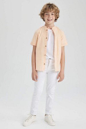 Льняная рубашка с коротким рукавом для мальчика с высоким воротником