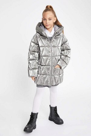 DEFACTO Блестящее пальто с капюшоном на флисовой подкладке для девочек