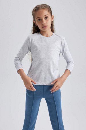 Серая школьная футболка с длинными рукавами из чесаного хлопка с круглым вырезом для девочек