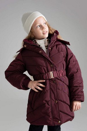 Длинное пальто с капюшоном на подкладке из искусственного меха для девочек