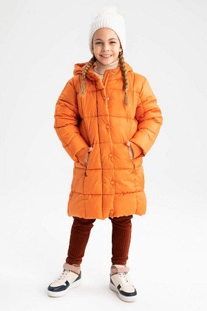 Длинное пальто с капюшоном на флисовой подкладке для девочек