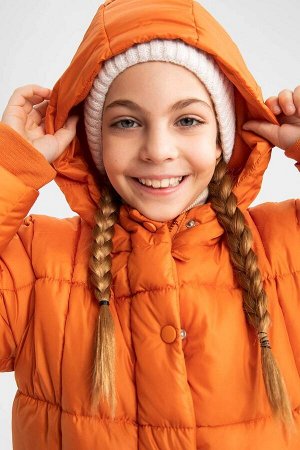 Длинное пальто с капюшоном на флисовой подкладке для девочек