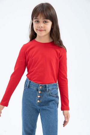 Красная школьная футболка с круглым вырезом и длинными рукавами для девочек