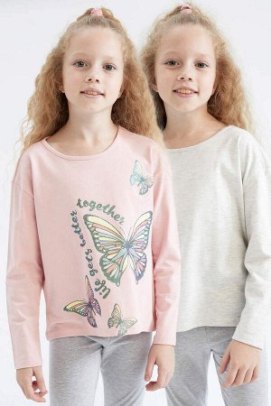 DEFACTO Двухкомпонентная футболка с длинными рукавами и круглым вырезом для девочек