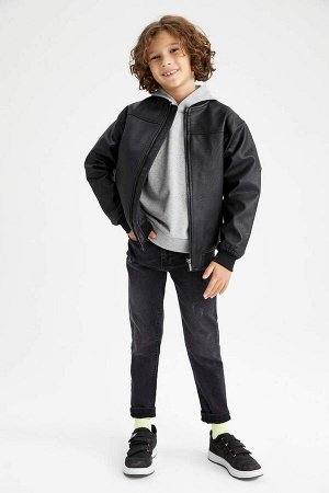 Пальто из искусственной кожи с воротником-бомбером для мальчика
