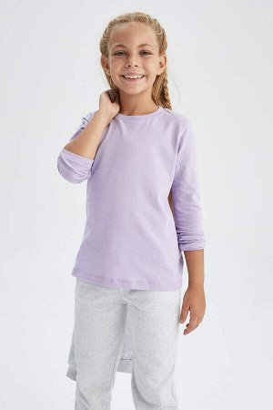 DEFACTO Фиолетовая школьная футболка с круглым вырезом и длинными рукавами для девочек