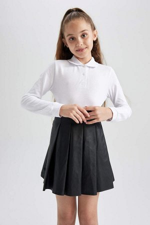 Белая школьная футболка-поло из пике с длинными рукавами для девочек