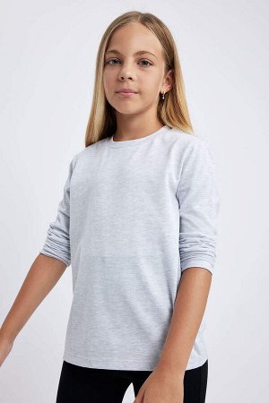 Белая школьная футболка из чесаного хлопка с длинными рукавами и круглым вырезом для девочек