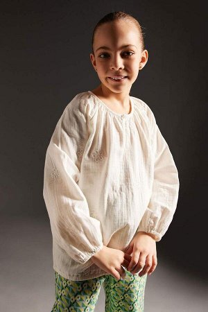 Муслиновая повседневная блузка с длинными рукавами и круглым вырезом для девочек