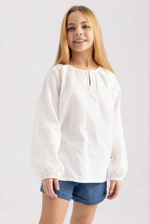 Муслиновая повседневная блузка с длинными рукавами и круглым вырезом для девочек