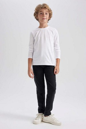 DEFACTO Белая школьная футболка с длинными рукавами из чесаного хлопка с круглым вырезом для мальчика