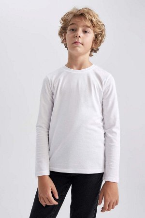 DEFACTO Белая школьная футболка с длинными рукавами из чесаного хлопка с круглым вырезом для мальчика
