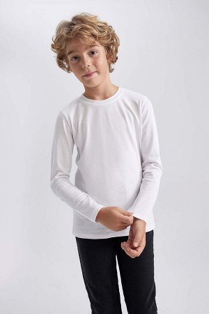 Белая школьная футболка с длинными рукавами из чесаного хлопка с круглым вырезом для мальчика