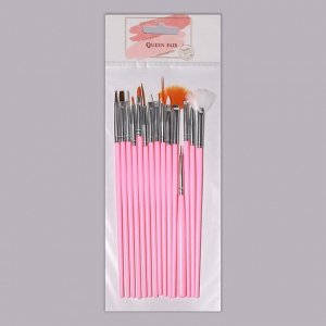 Набор кистей для наращивания и дизайна ногтей, 15 шт, 19 см, цвет розовый