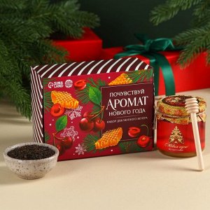 Подарочный набор «Почувствуй аромат Новогоода»: чай чёрный со вкусом: зимняя вишня 50., мёд цветочный 240., ложка для мёда