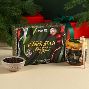 Подарочный набор «Мечтай этой зимой»: чай чёрный с мятой 50 г., мёд цветочный 240 г., ложка для мёда