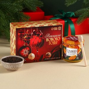 Подарочный набор «Роскошного Нового года» чай чёрный со вкусом: шоколада 50 г., мёд цветочный 240 г., ложка для мёда