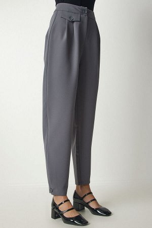 Женские серые стильные тканые брюки на пуговицах GK00012