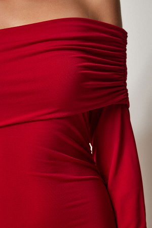 Женское красное платье песочного цвета со сборками на одно плечо YK00076