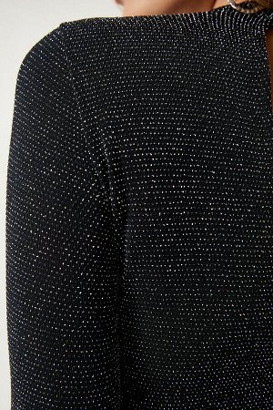 Женская черная блестящая стильная укороченная трикотажная блузка с открытой спиной BY00053