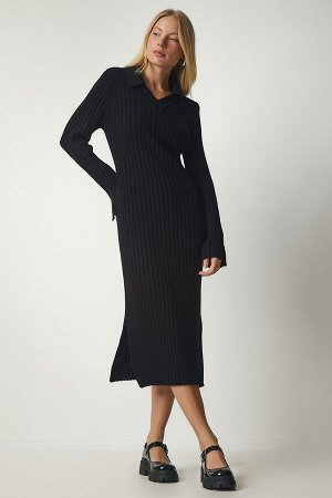 Женское черное трикотажное платье в рубчик с воротником-поло K_00103