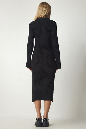 Женское черное трикотажное платье в рубчик с воротником-поло K_00103