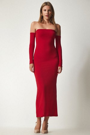 Женское красное облегающее платье песочного цвета без бретелек YK00077