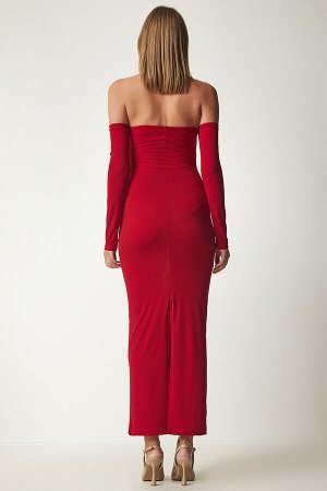 Женское красное облегающее платье песочного цвета без бретелек YK00077