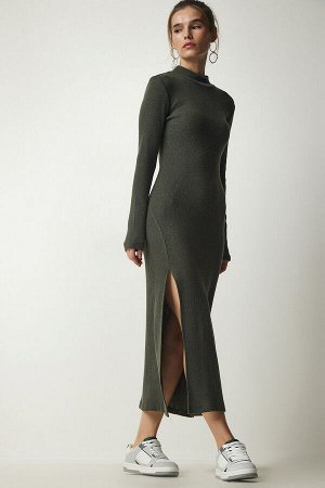 Женское платье-бретелька темно-хаки с высоким воротником и разрезом UB00198