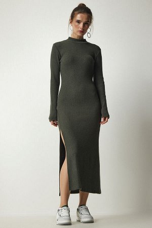 Женское платье-бретелька темно-хаки с высоким воротником и разрезом UB00198