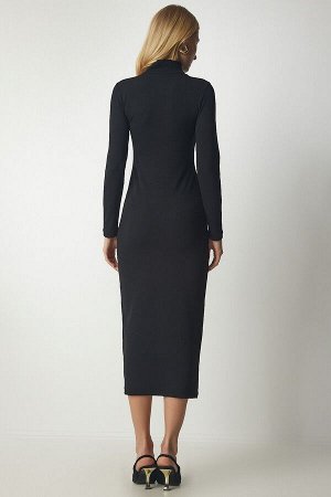 Женское черное трикотажное платье с высоким воротником и разрезом BF00080