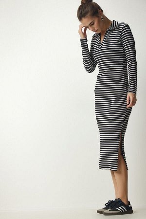 Женское черное платье-бретелька в полоску с воротником-поло MC00238