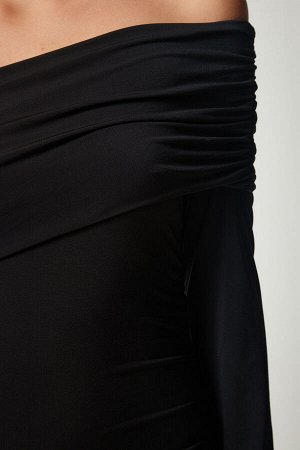 Женское черное платье песочного цвета со сборками на одно плечо YK00076