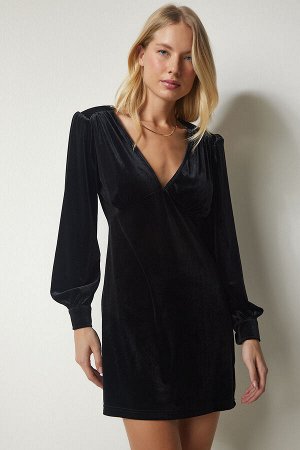 Женское черное бархатное платье с глубоким v-образным вырезом и подкладкой UB00192
