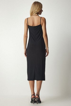 Женское черное платье песочного цвета со свободным воротником на бретельках TO00094